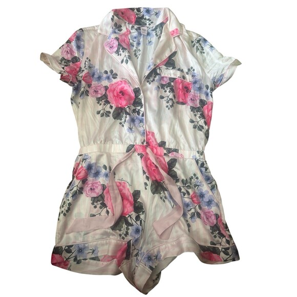 Victoria Secret Satin Pink Floral Stripe Romper Pajamas PJs Size MEDIUM - Picture 1 of 5
